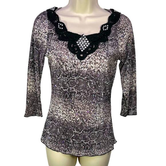 Brittany Black Tops - Vintage y2k small women snakeskin black babydoll rhinestone glam whimsygoth lace